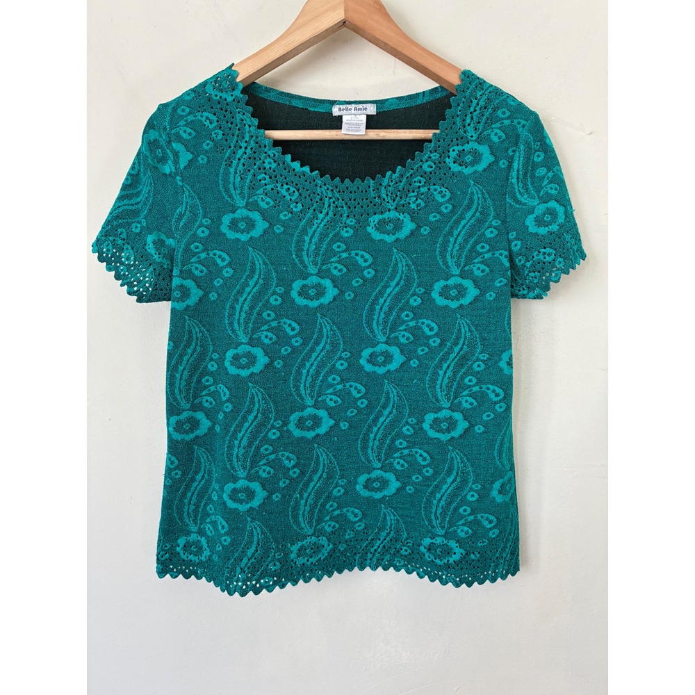 Belle Amie Teal Green Floral Paisley Crochet Lace Trim Knit Top Y2K Petite Small